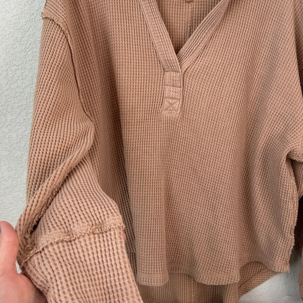 Aerie Lumber Jane Waffle Polo Long Sleeve Top Oversized Tan Size Medium - Picture 5 of 8
